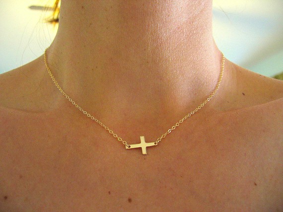 Small Sideways Cross Necklace, Gold Cross Necklace on Luulla