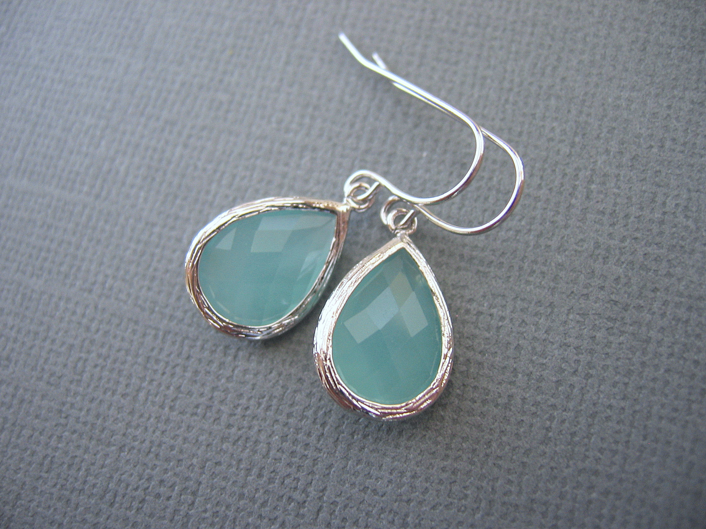 Aqua Earrings, Mint Green Earrings, White Gold, Teardrop, Dangle 