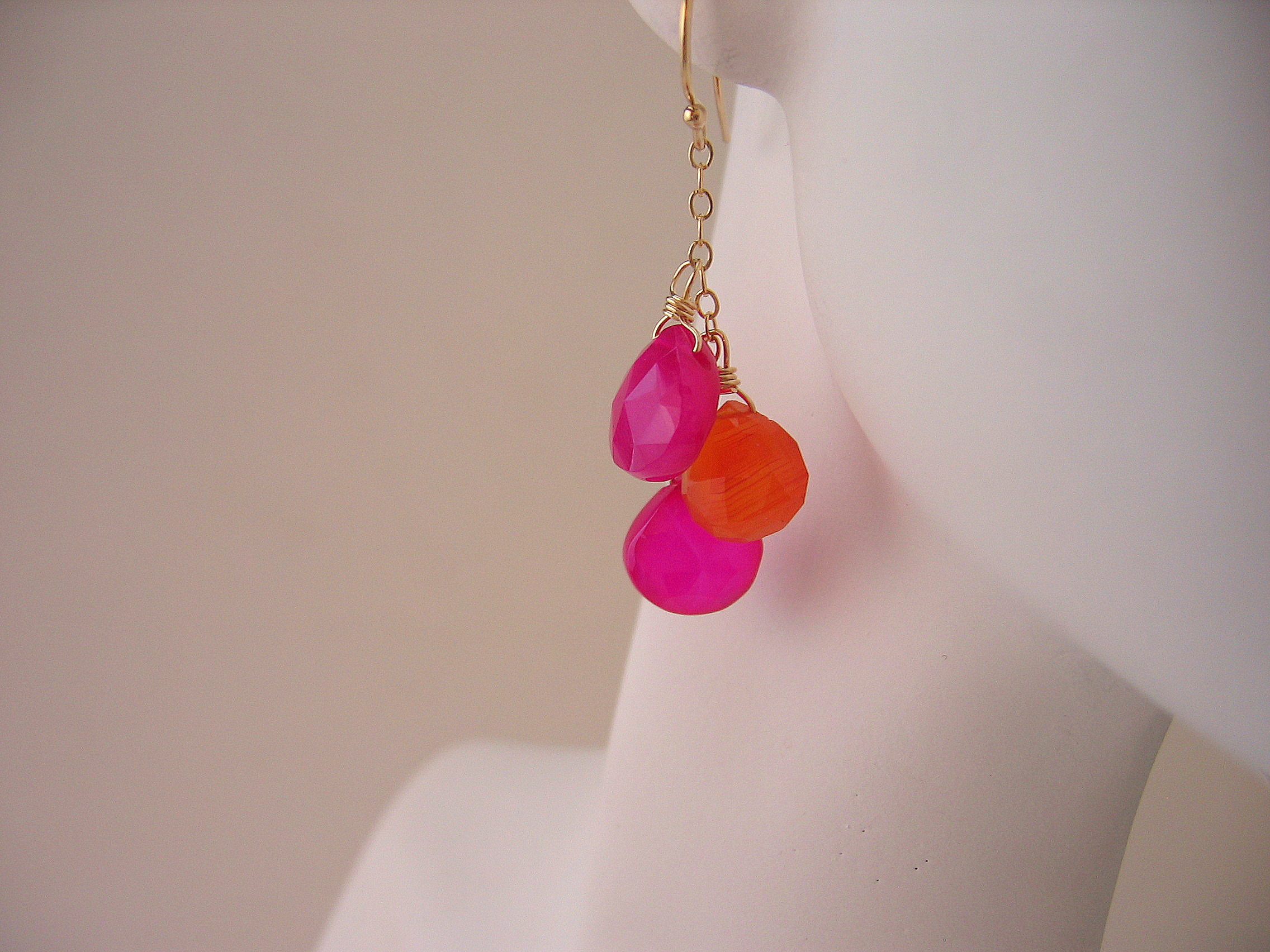 Orange And Pink Earrings, Gemstone Jewelry, Fuschia, Gold Earrings on